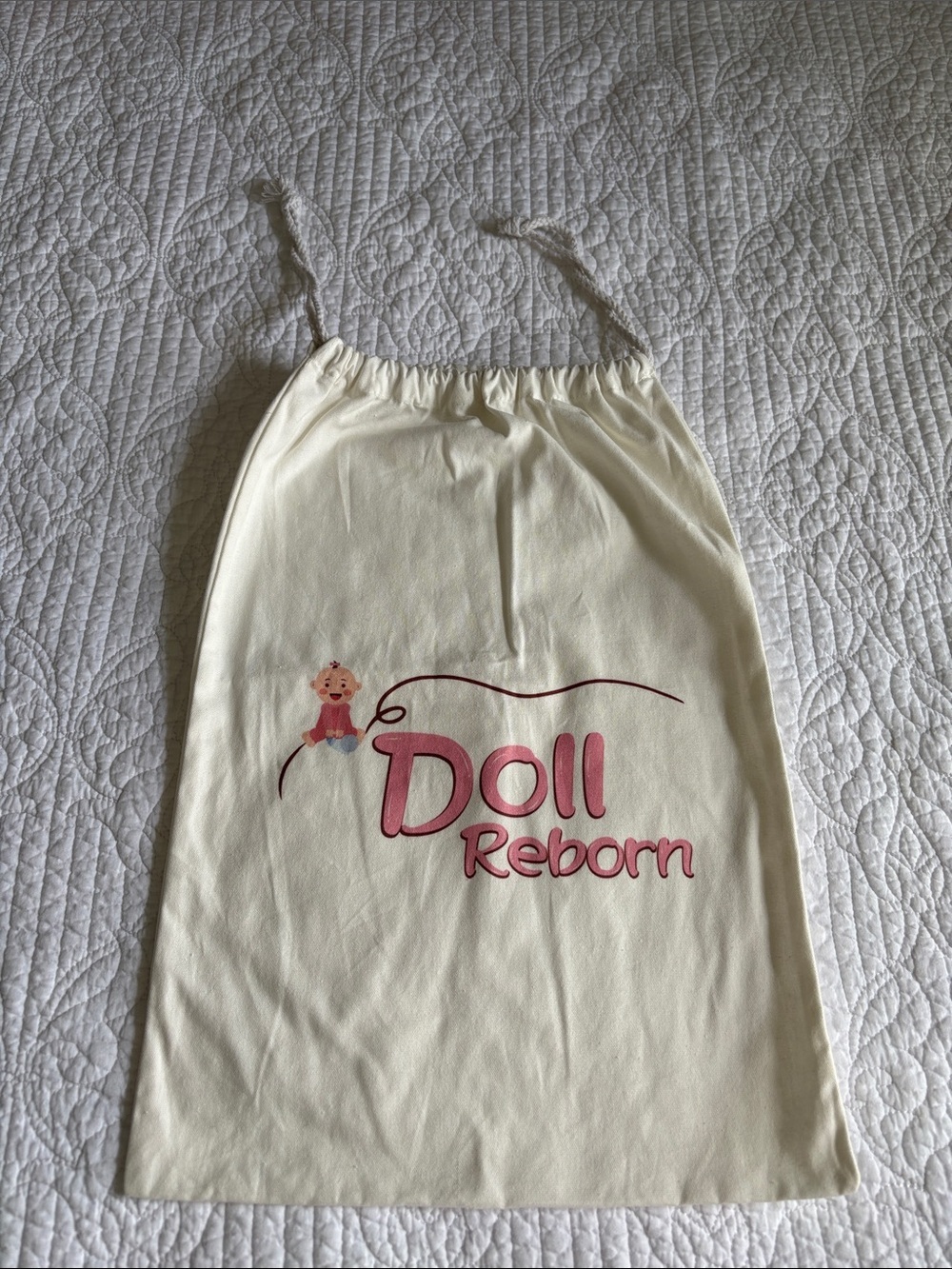 Doll Reborn Drawstring Tote Accessory Dust Bag Cream Off White Pink Print
